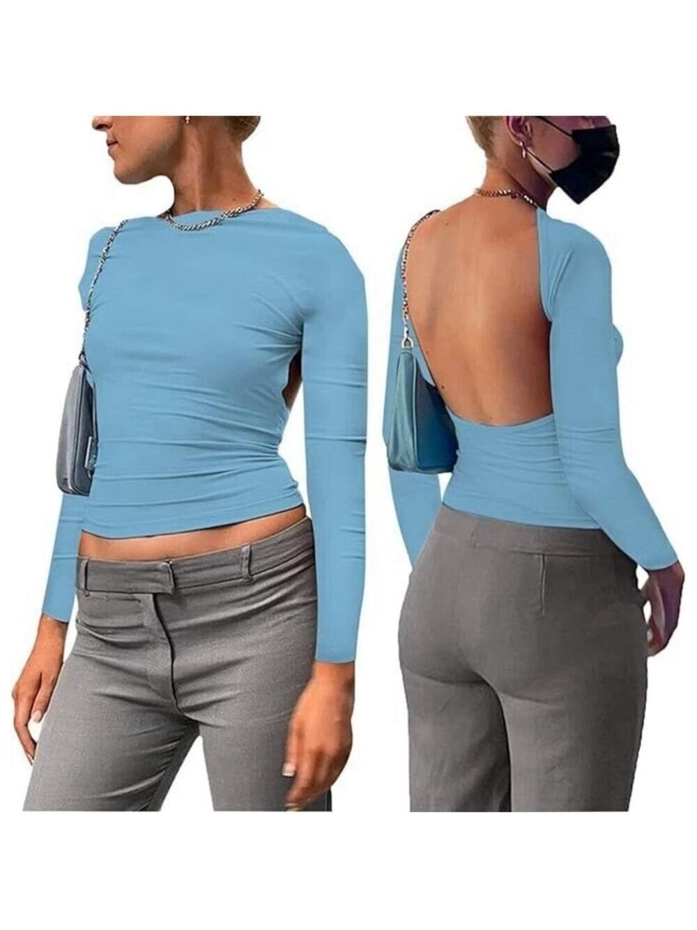 Backless Long Sleeve Top with Crewneck in Blue Size XS